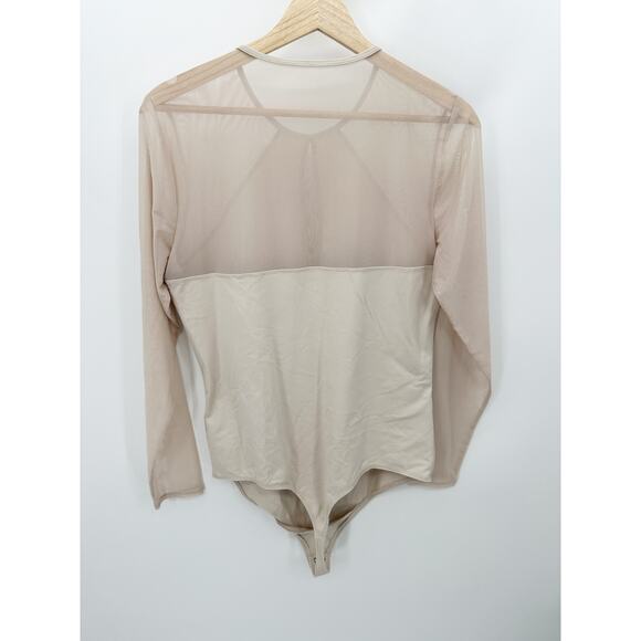 Abercrombie & Fitch Bodysuit Women XL NWOT Cream Nude Long Sleeve Sheer Mesh - Picture 2 of 8